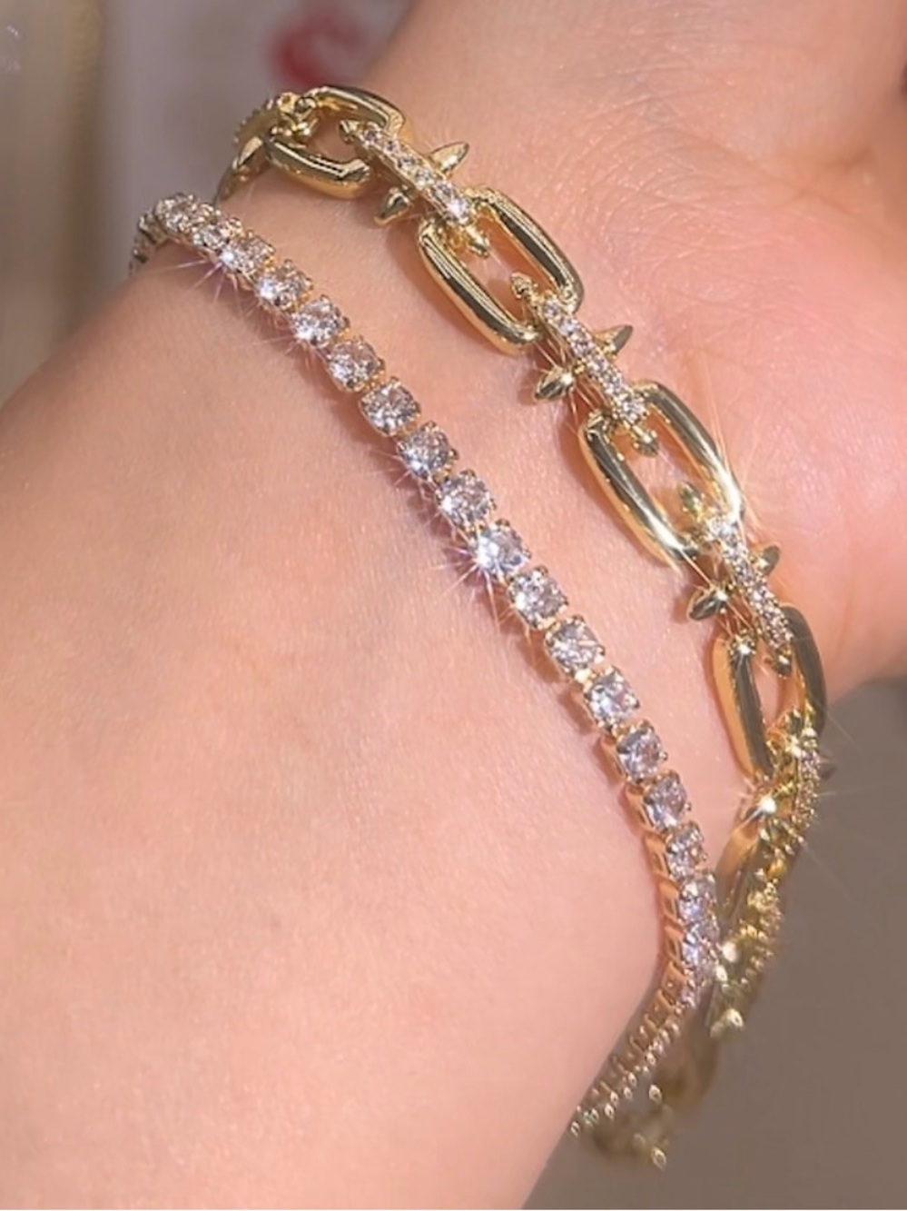 Gold Plated Tennis & Chain Bracelet Stack Set CZ 7”